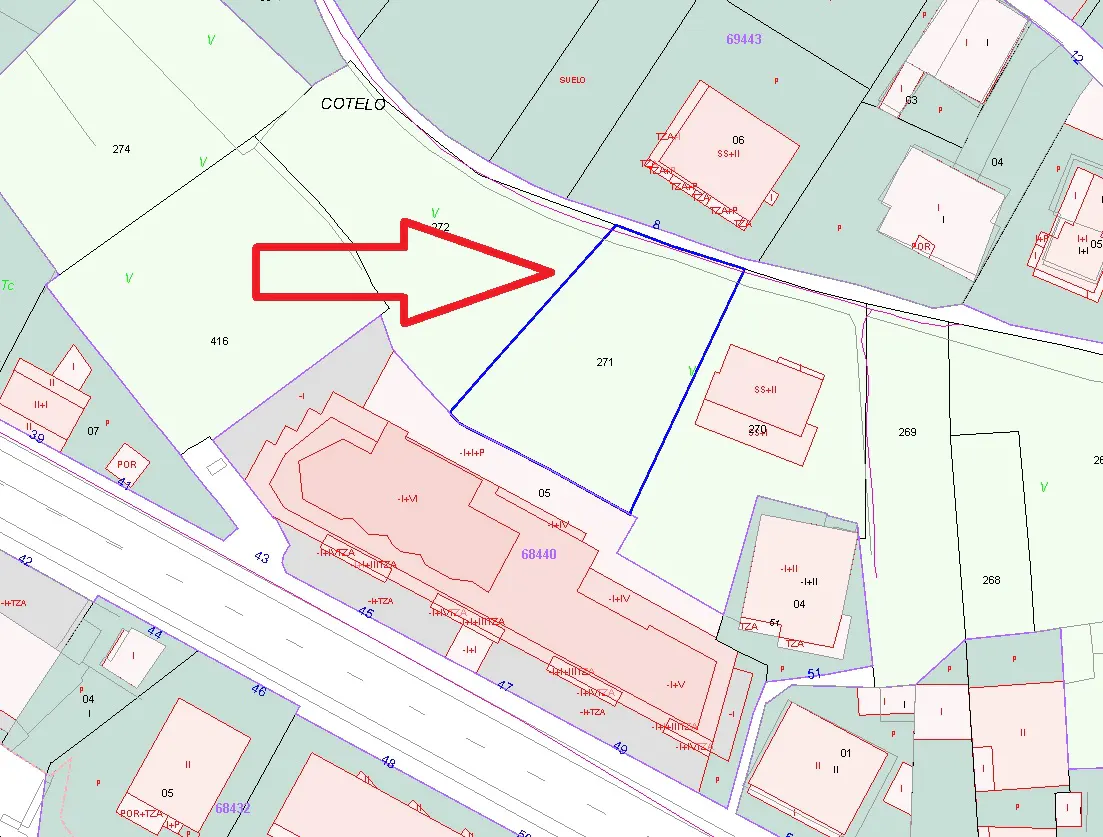 Land plot map with a blue outline around plot 271, indicated by a large red arrow. The map shows surrounding plots and buildings.