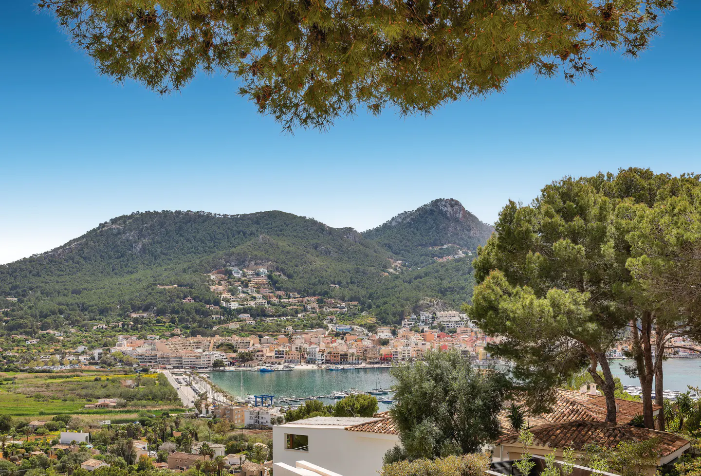 Scenic view of Port de Sóller, Mallorca, with mountains, harbor, and buildings under a clear blue sky. Green trees frame the top and right side.