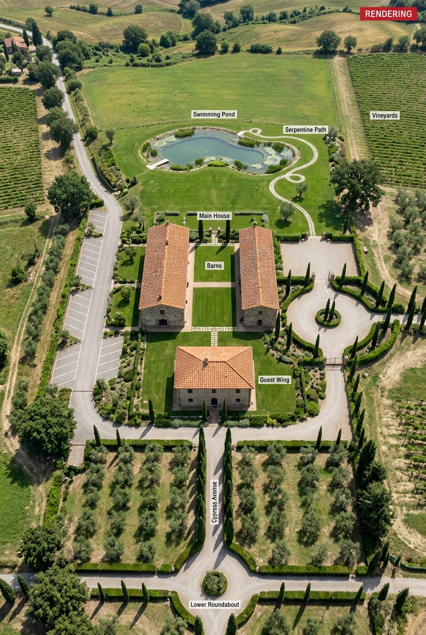 A rare development opportunity just minutes from Lucca’s historic walls: transform a historic Tuscan farm into a prestigious residential complex [AI-modified]