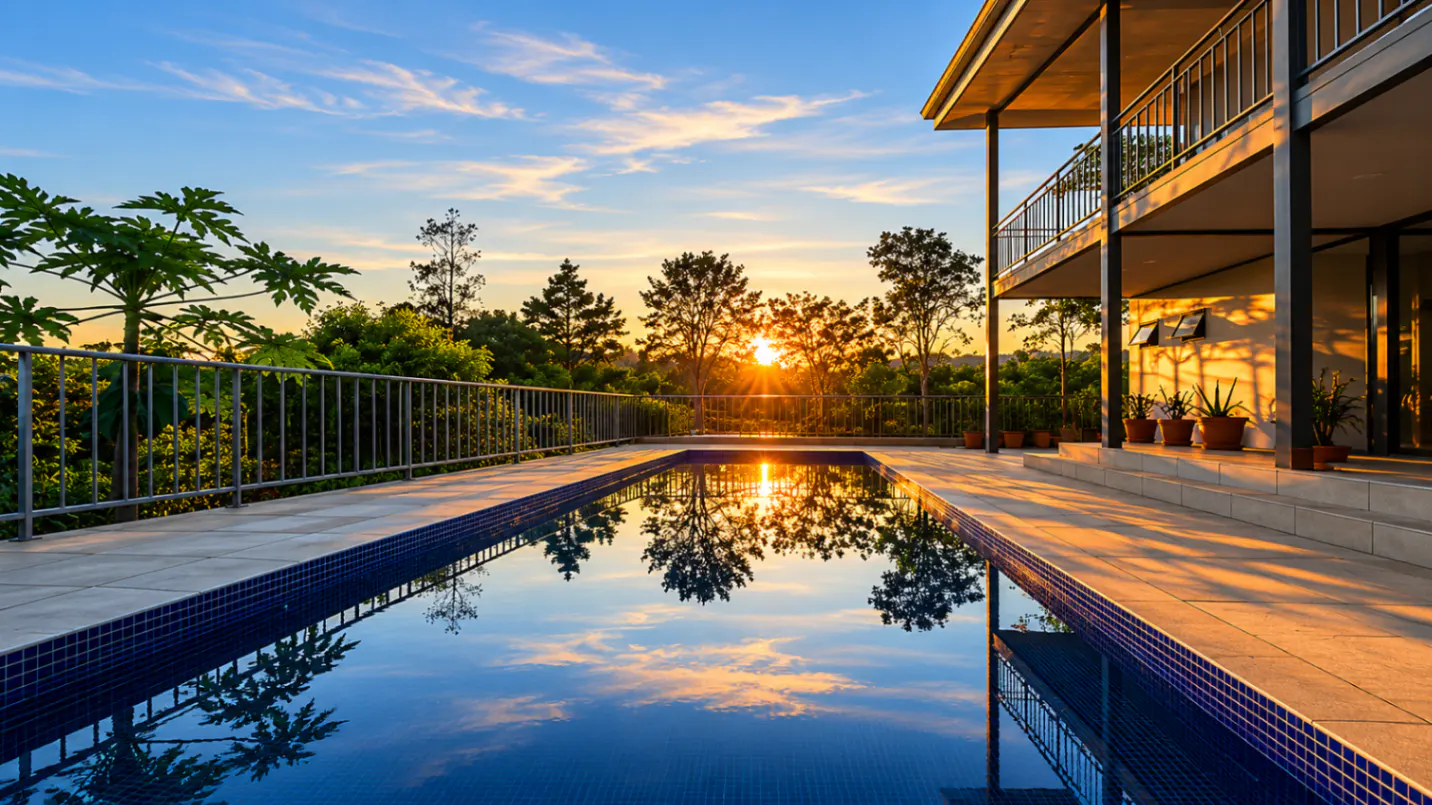 Sunset view of a blue tiled pool reflecting trees and sky, next to a modern house with a balcony and potted plants.