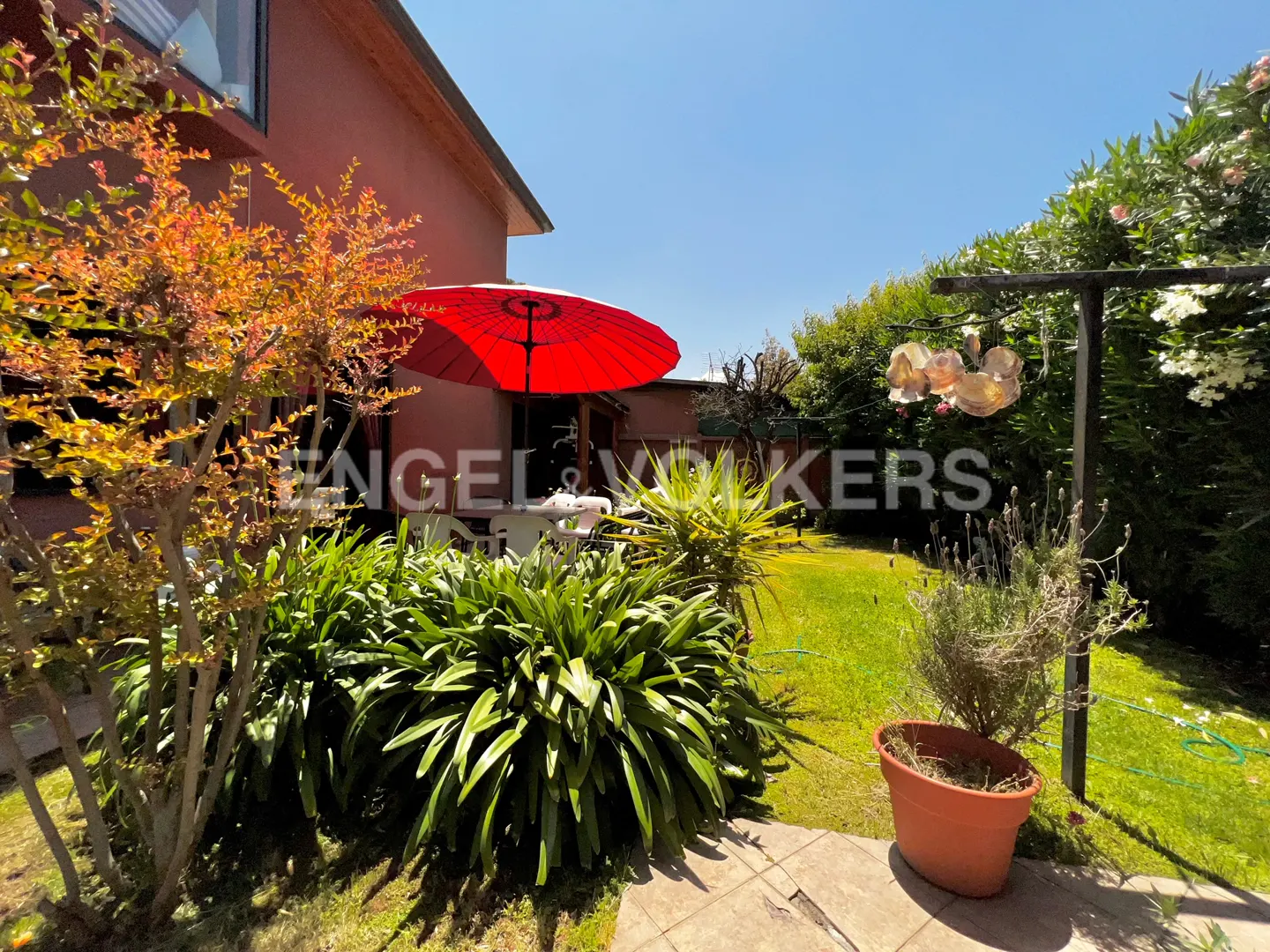 A sunny backyard with green grass, plants, and a red umbrella next to a red house.