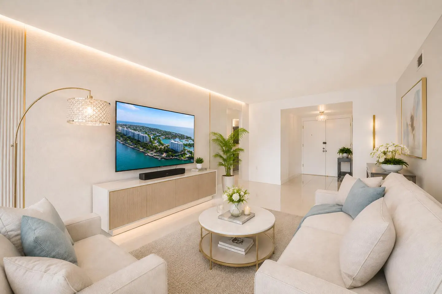 Bright living room with white sofas, a round marble coffee table, and a large TV displaying a coastal view. A gold floor lamp adds warmth.