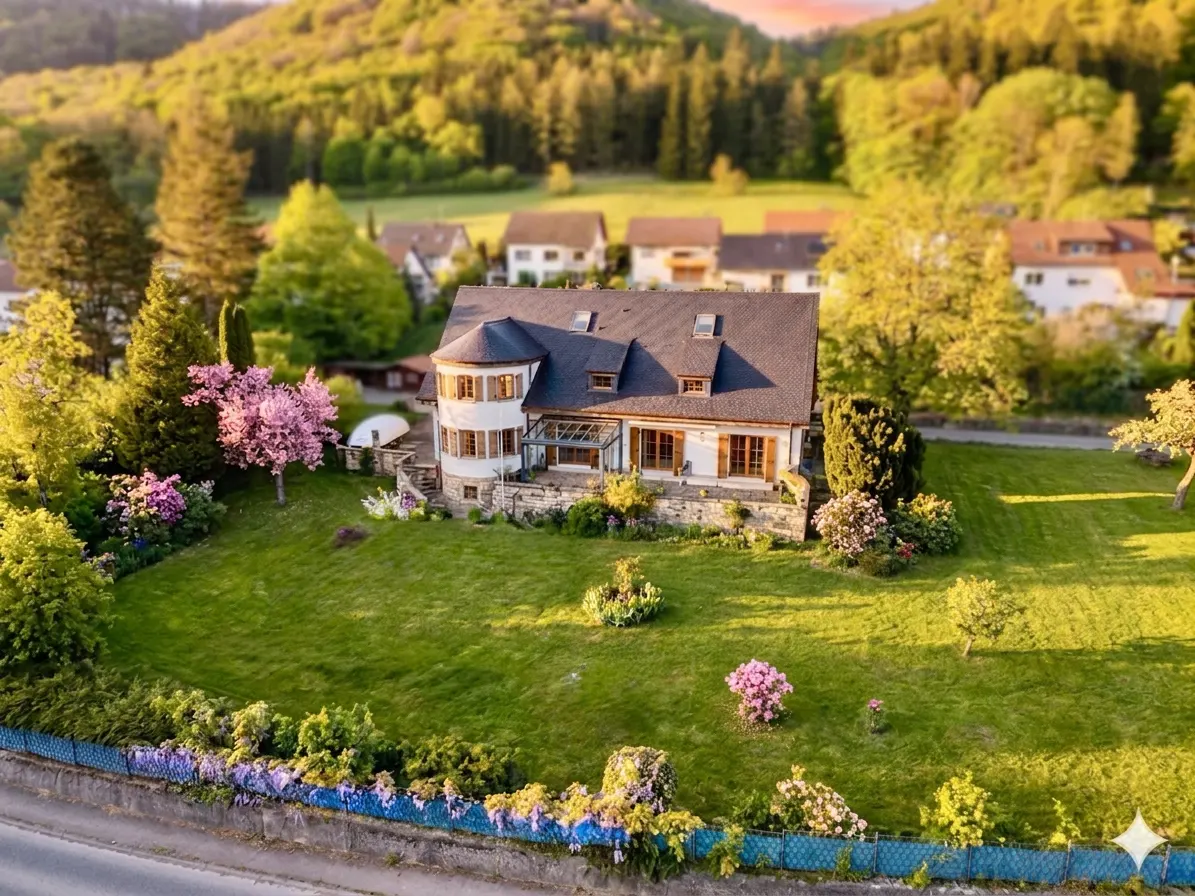 Aerial view of a large, white house with a dark roof, surrounded by a green lawn, trees, and flowers.