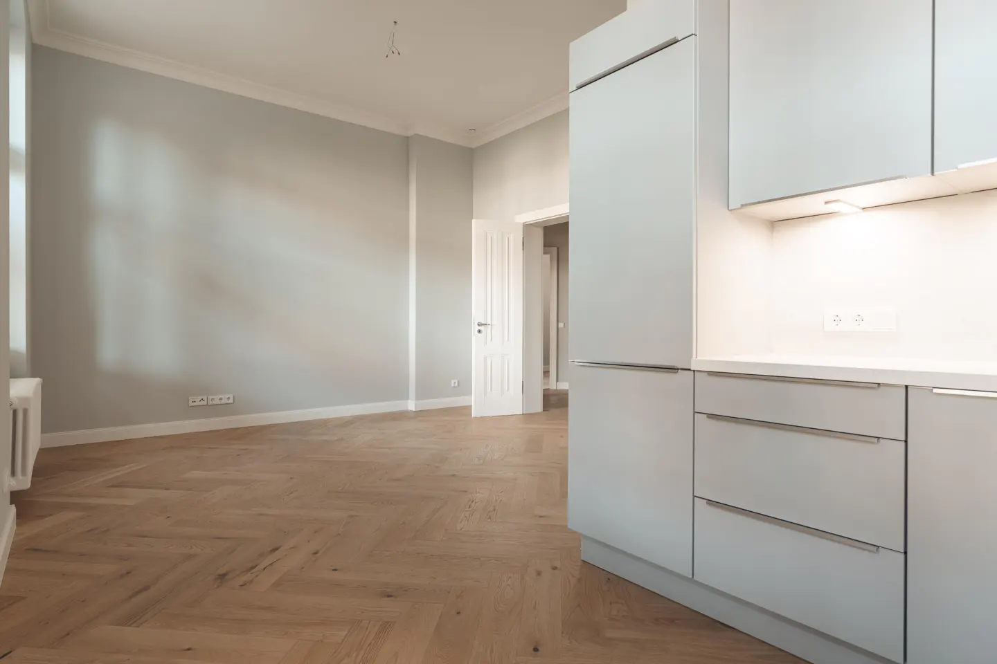 A bright, modern kitchen with light gray cabinets and herringbone wood floors. A white door is visible in the background.