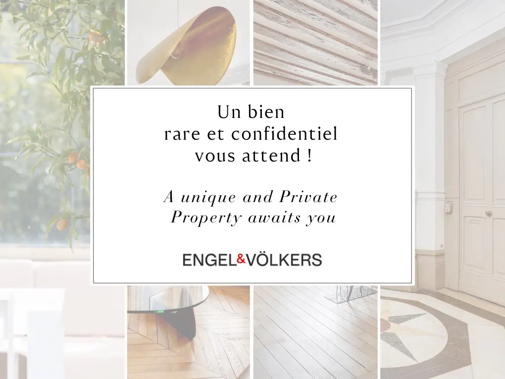 Real estate ad featuring a collage of interior details and the text "A unique and Private Property awaits you" and the Engel & Völkers logo.