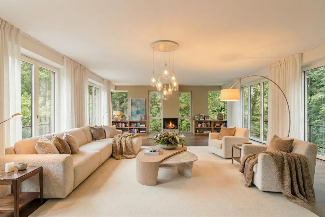 Bright living room with a white sofa, two armchairs, and a fireplace. Large windows show green trees outside. A modern chandelier hangs above a unique coffee table.