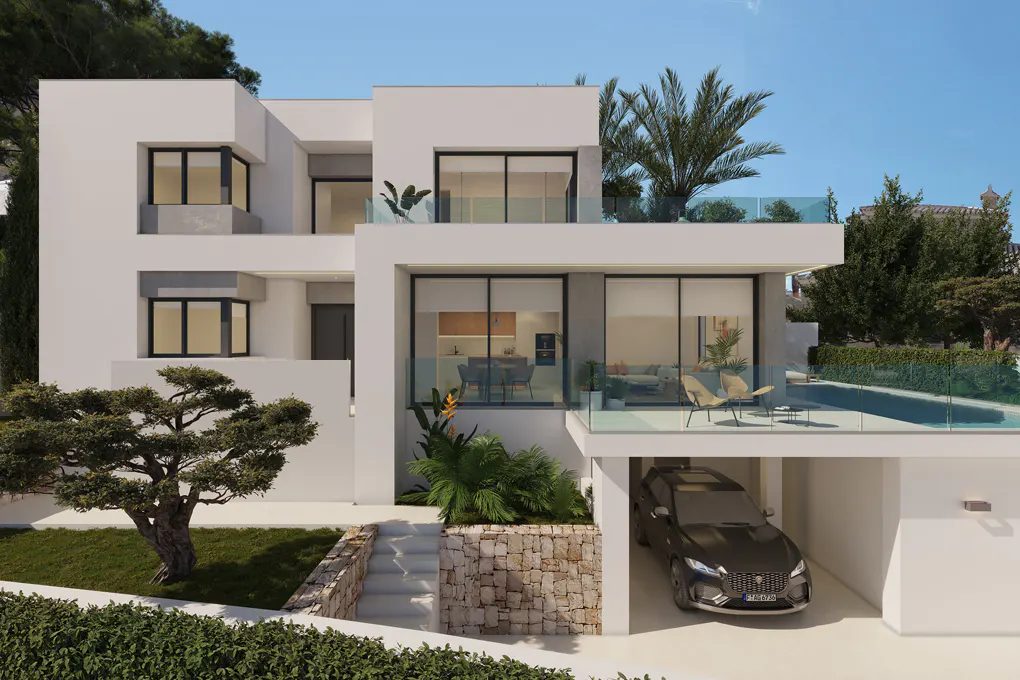 Modern white two-story house with a black car parked in the garage. Palm trees and green foliage surround the property.