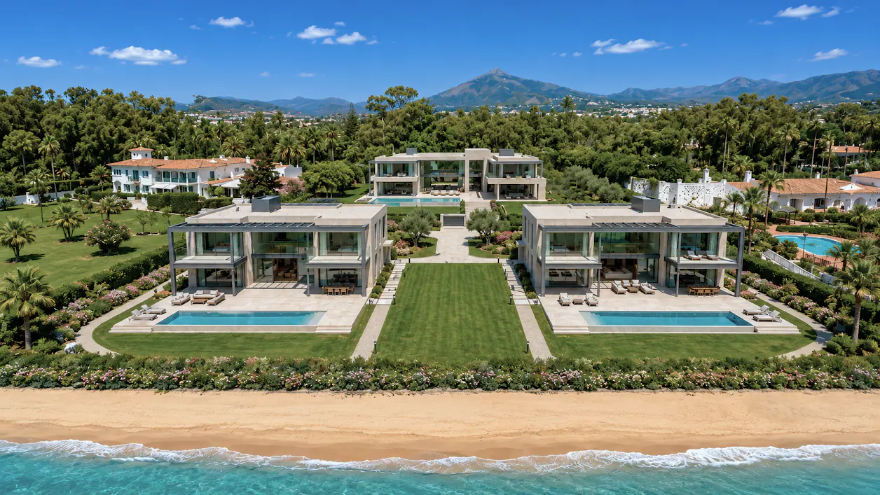 Aerial view of modern beachfront villas with pools, green lawns, and palm trees under a blue sky.