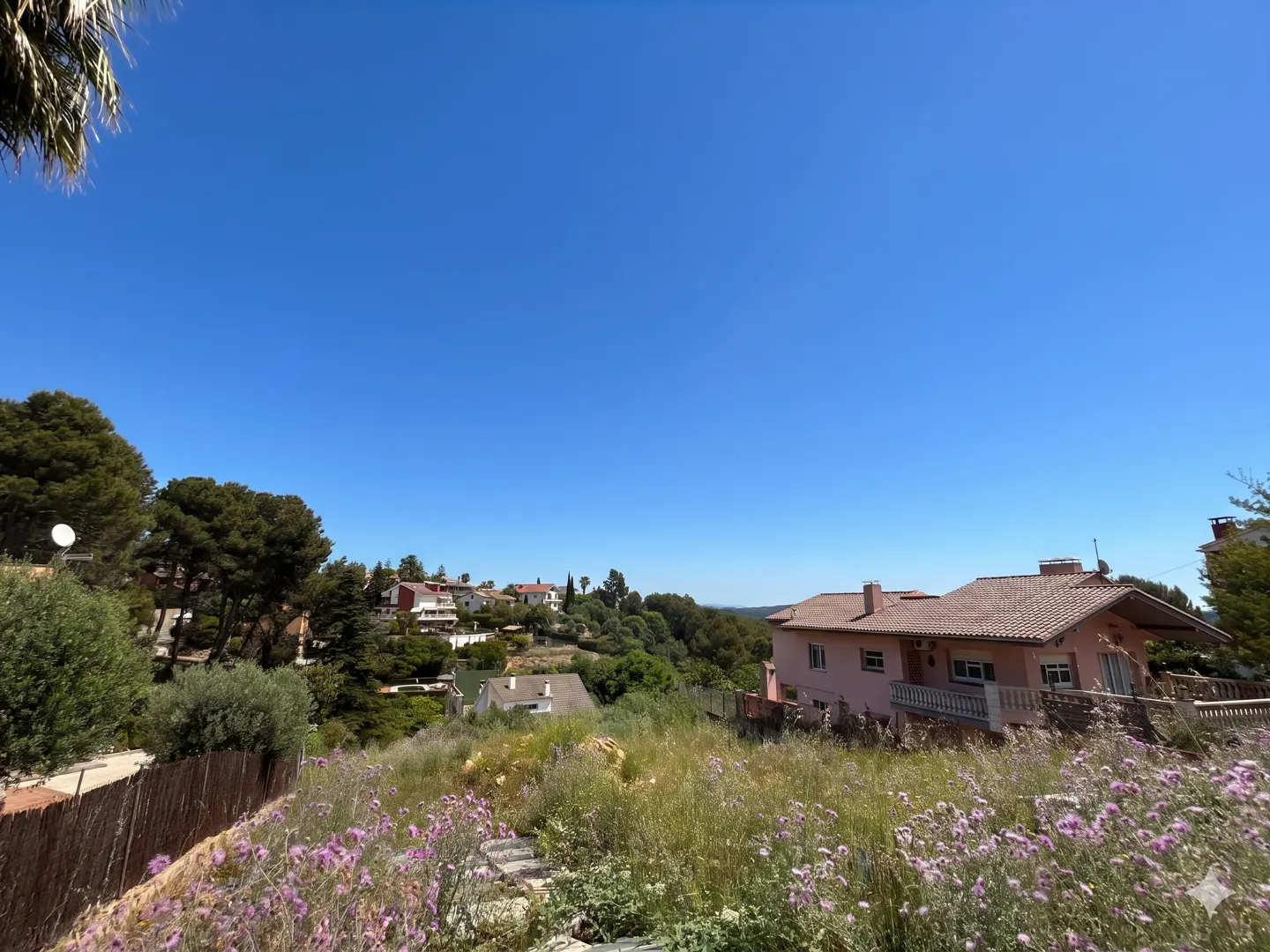 View of a pink house with a brown roof, surrounded by green trees and purple flowers under a clear blue sky.