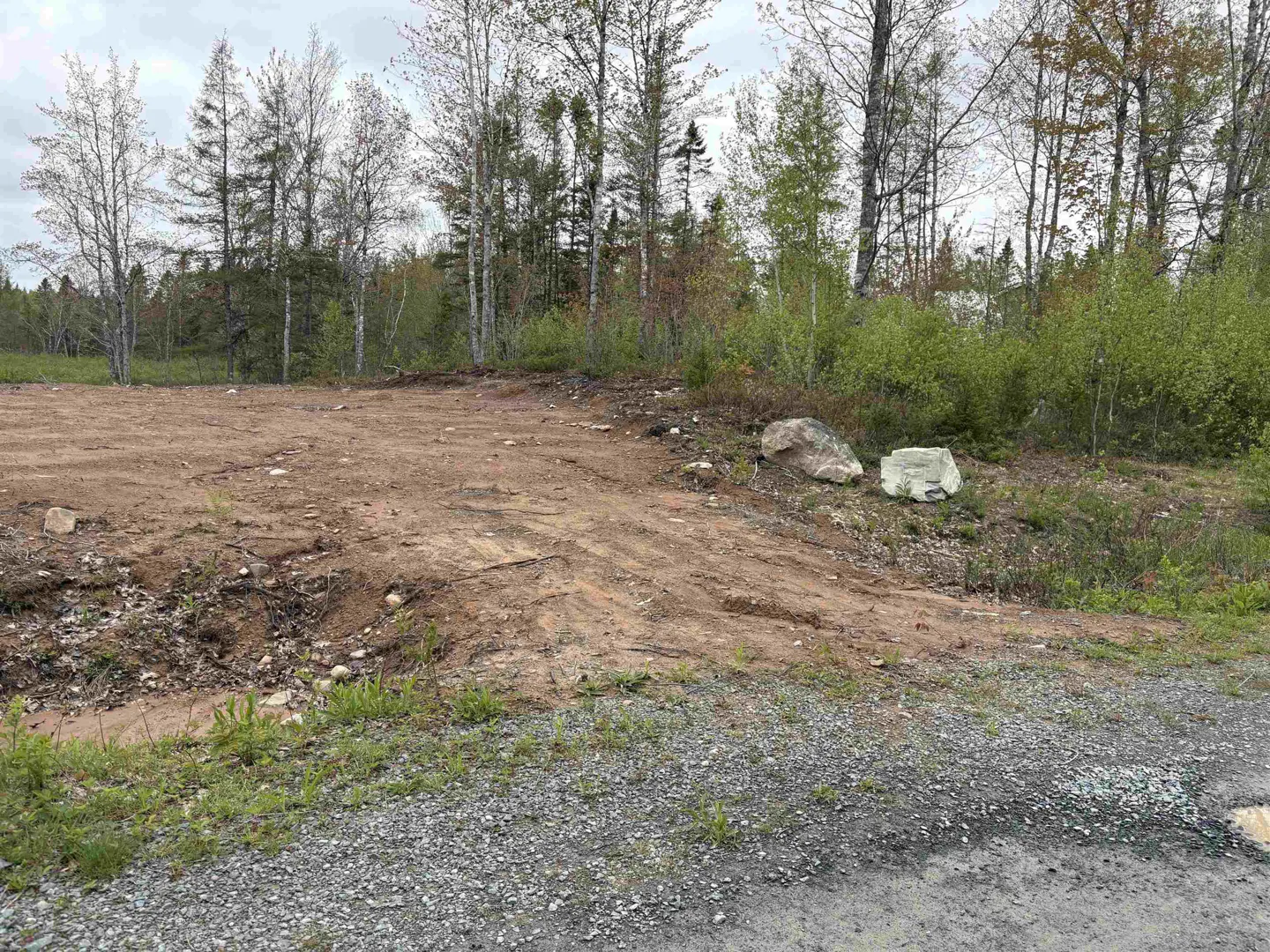A cleared, level dirt lot bordered by a gravel road in the foreground and a dense forest of tall trees in the background.
