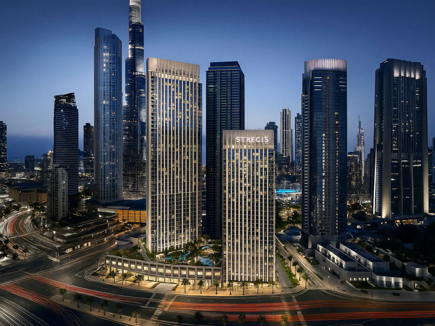 Night view of Dubai skyline featuring modern skyscrapers, including the St. Regis hotel, with light trails from cars below.