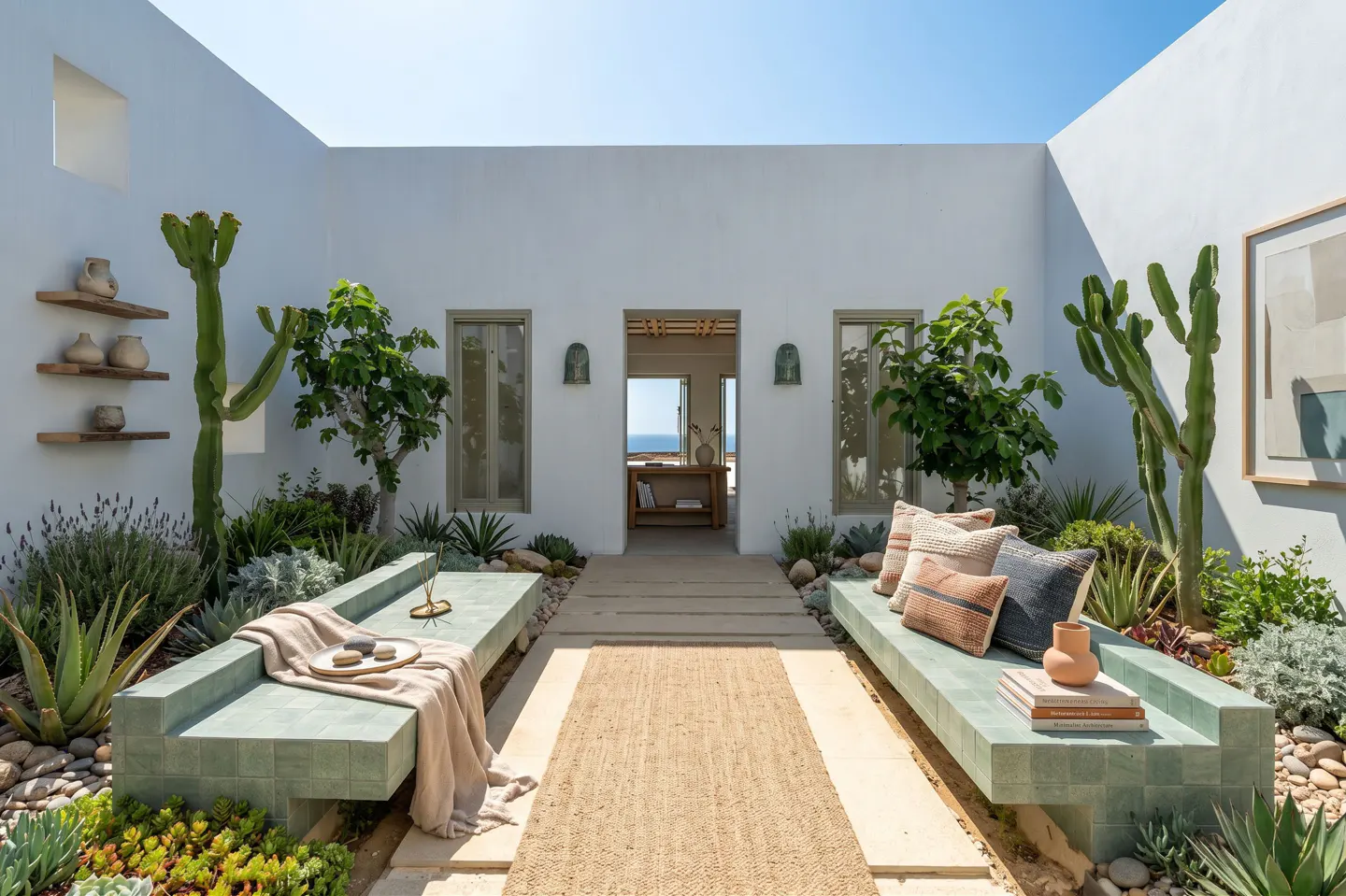 Courtyard with white walls, green benches, and desert plants. A rug leads to an open doorway with ocean views. Pillows and decor add comfort.
