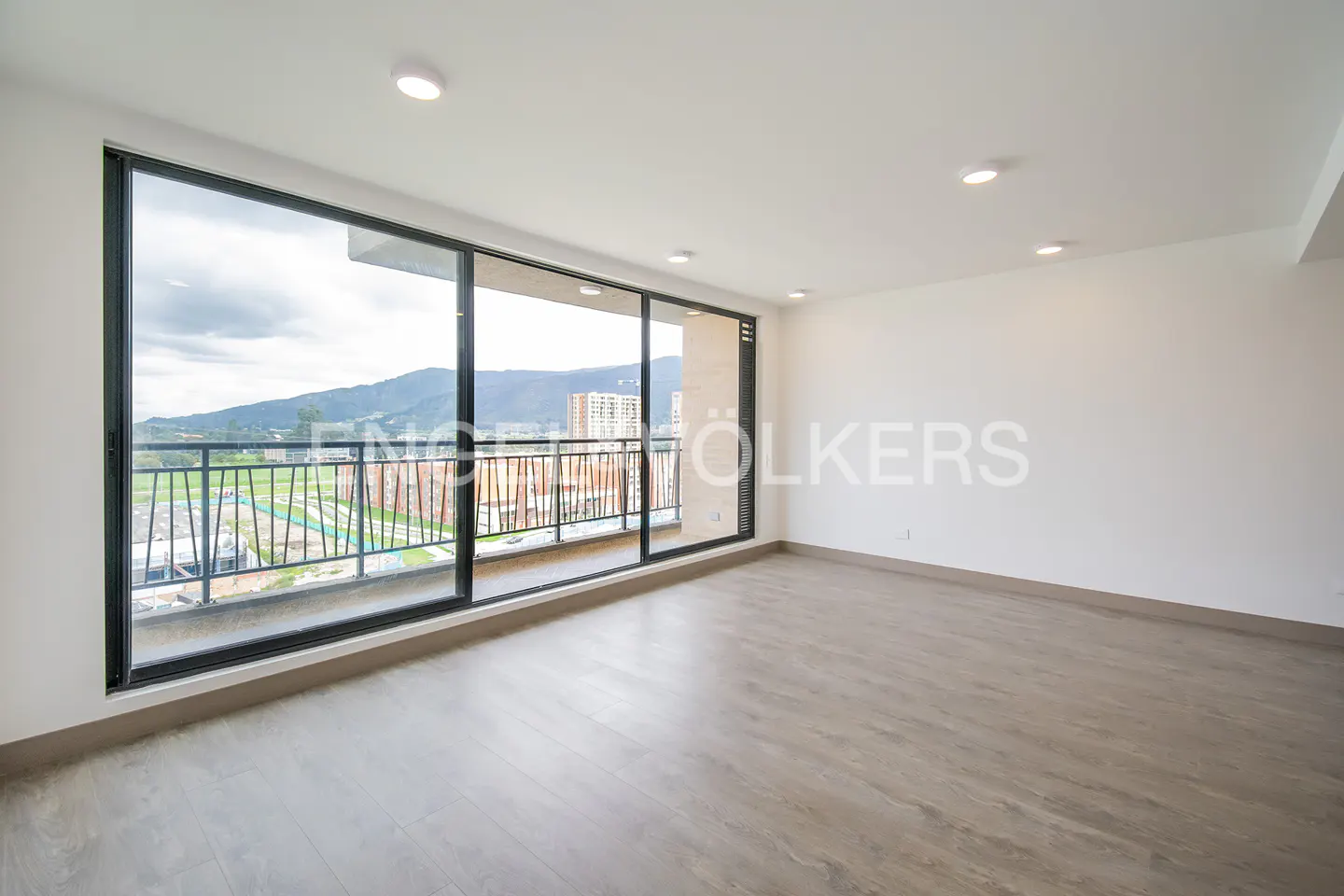 Bright, empty room with wood-look floors, white walls, and a large sliding glass door to a balcony with a city view.