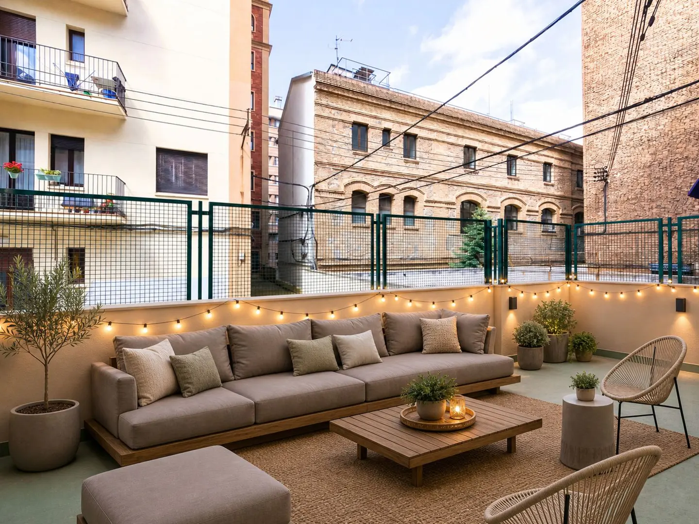 Outdoor patio with a long beige sofa, wooden coffee table, and two chairs on a jute rug. String lights line the wall.