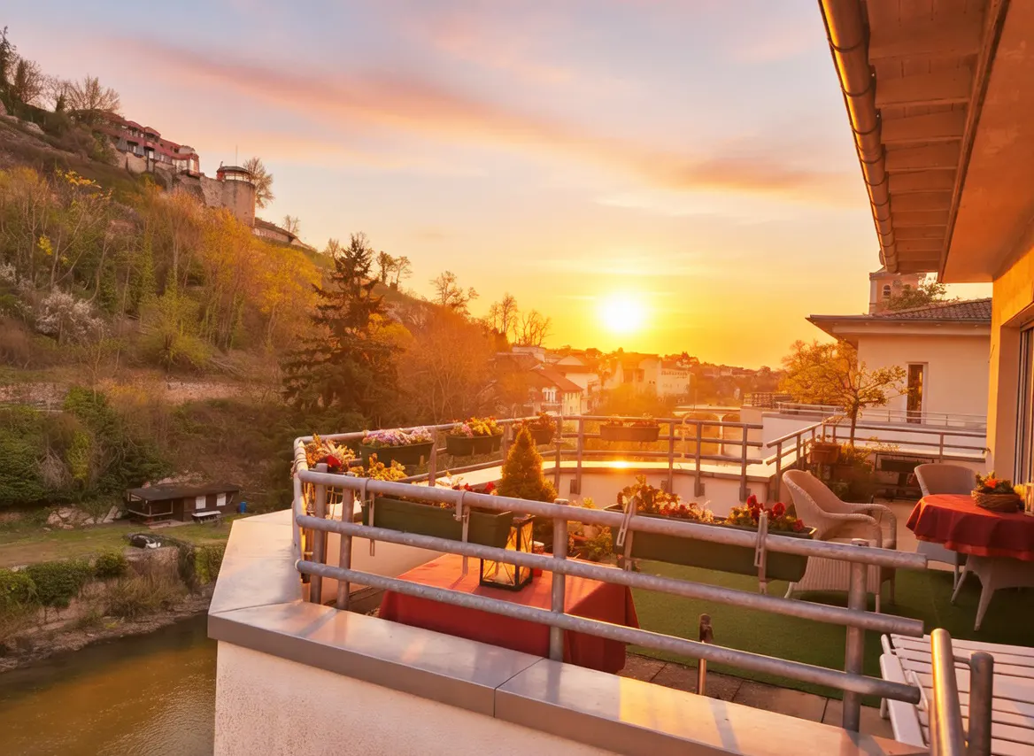 Balcony view at sunset. Railing with flower boxes, tables with red cloths, and chairs. Hillside with castle in the background.