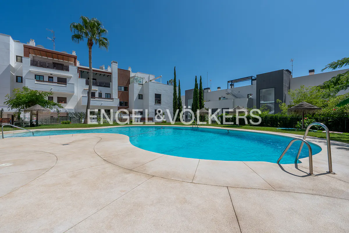 Outdoor pool with turquoise water, surrounded by a beige concrete deck and green grass, in front of white buildings.