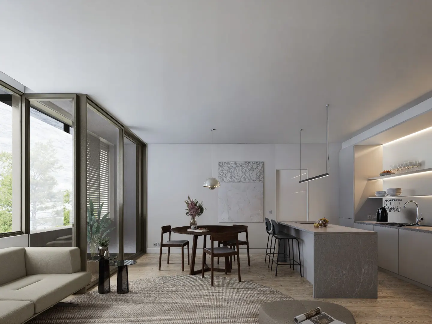 Open-concept living space with a beige sofa, dark wood dining set, and a gray kitchen island with bar stools.