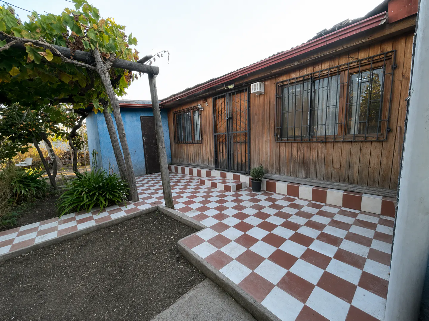 Exterior view of a wood-sided house with a red and white checkered tile patio. A blue shed is on the left with a vine-covered trellis.