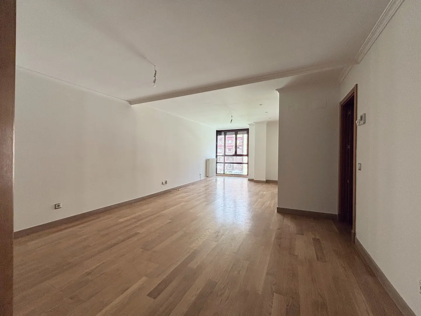 Empty living room with light wood floors, white walls, and a large window. A brown door is on the right.