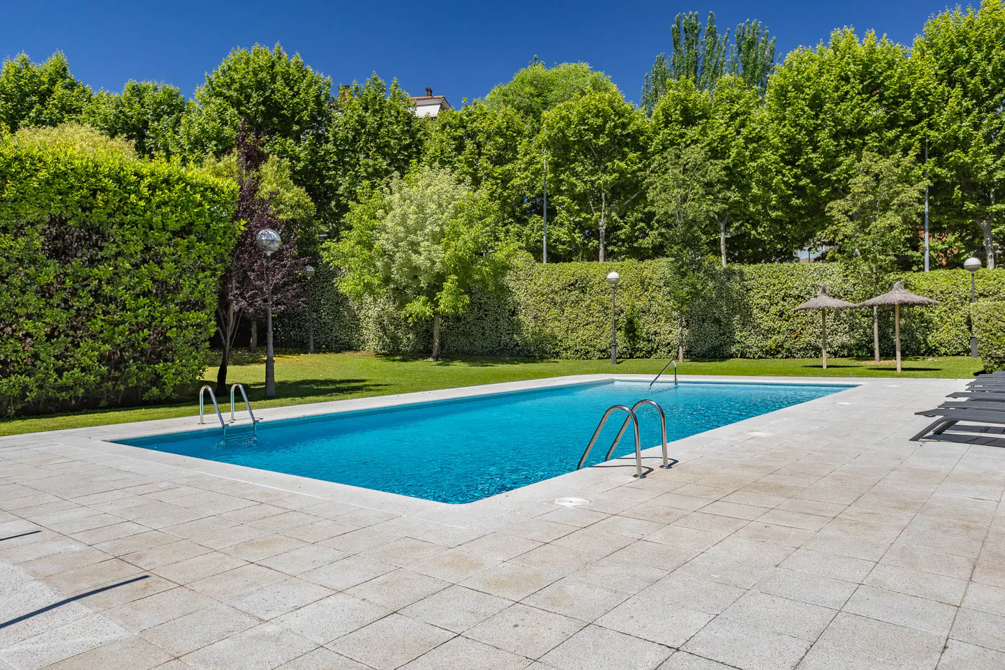 Rectangular swimming pool with blue water, metal ladders, and stone patio, surrounded by lush green trees and hedges.