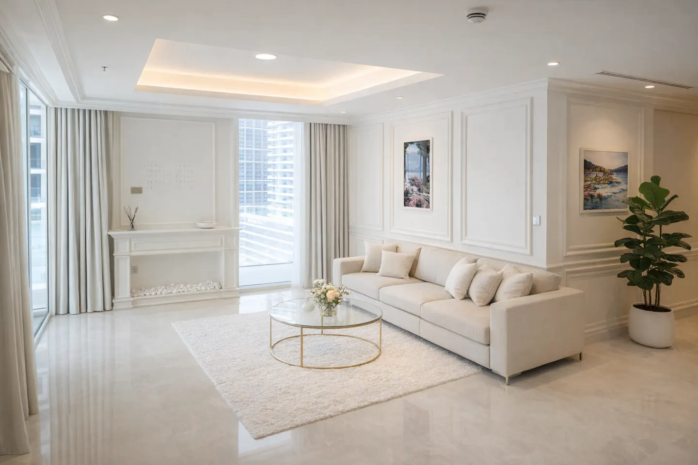 Bright living room with white walls, beige sofa, glass table, and white rug. A faux fireplace and artwork add detail.