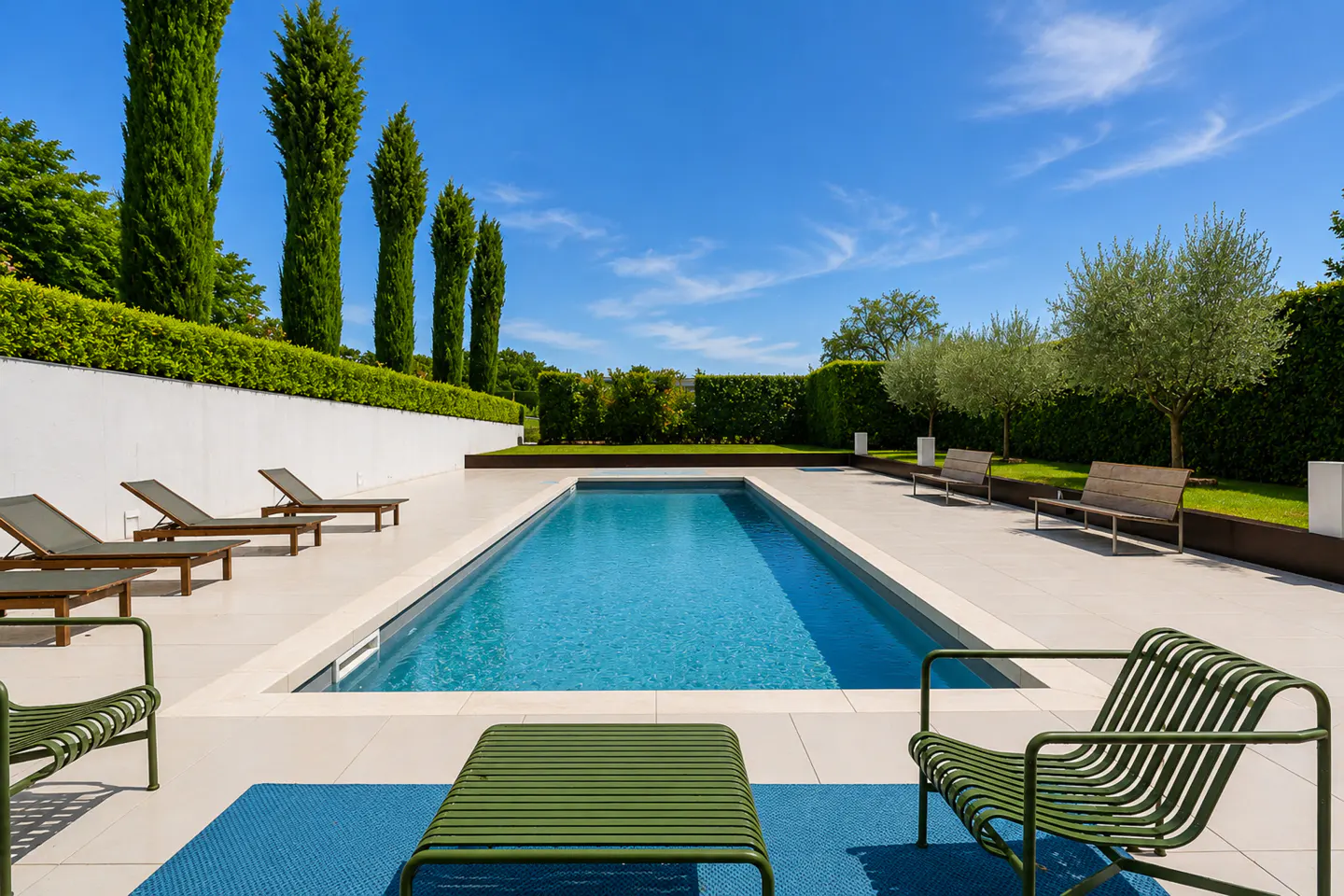 A rectangular pool with blue water is surrounded by lounge chairs, green chairs, and trees under a blue sky.