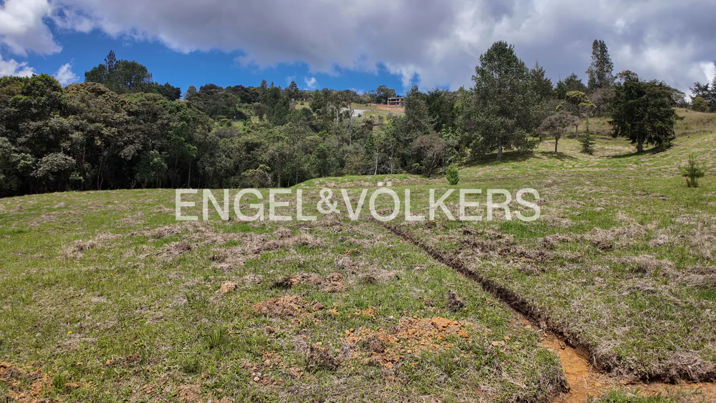 A grassy hillside with trees under a cloudy sky, with the Engel & Völkers logo overlaid. A small trench runs through the grass.
