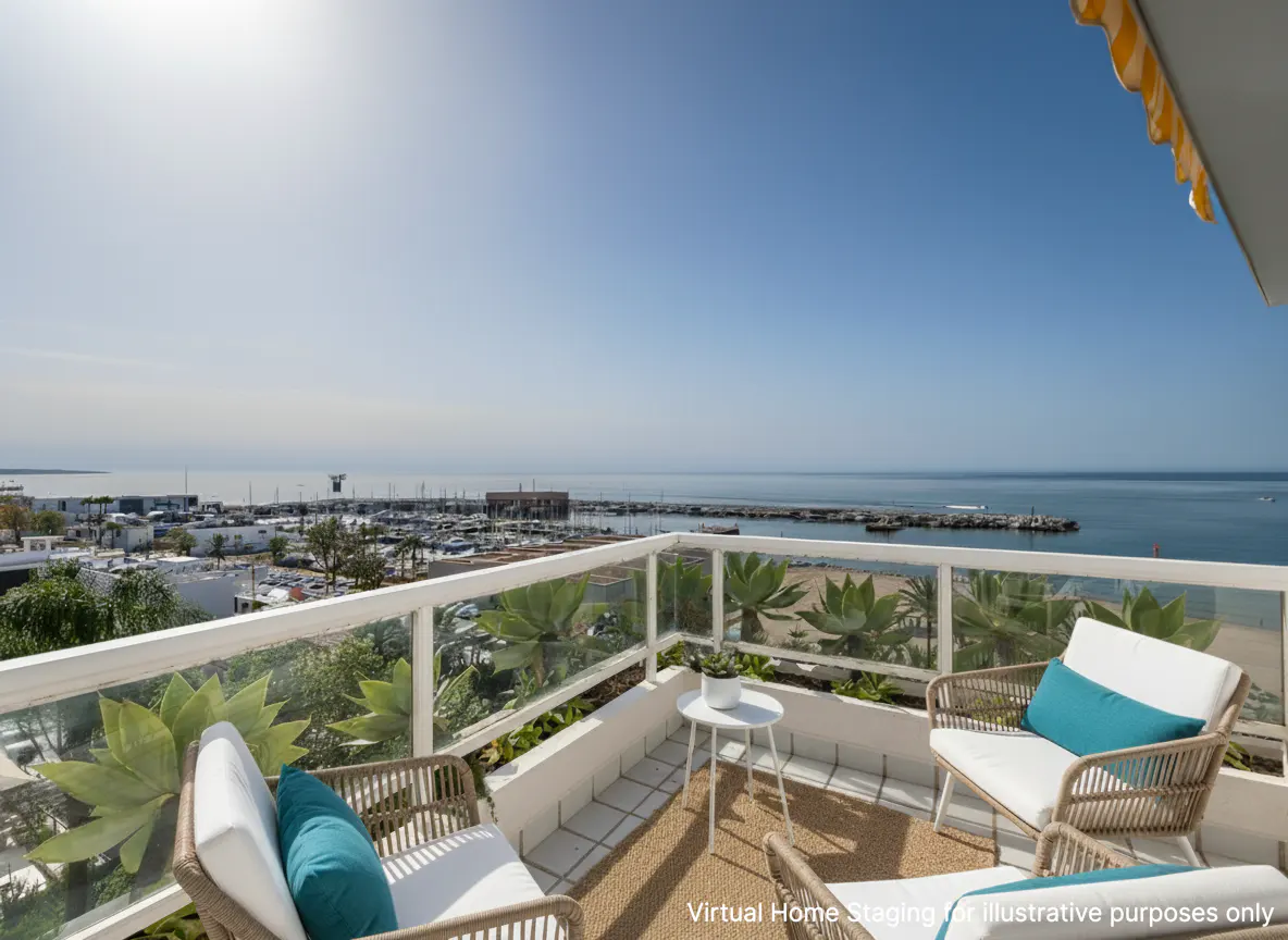 Balcony with wicker chairs, blue pillows, and a view of the ocean and marina on a sunny day.