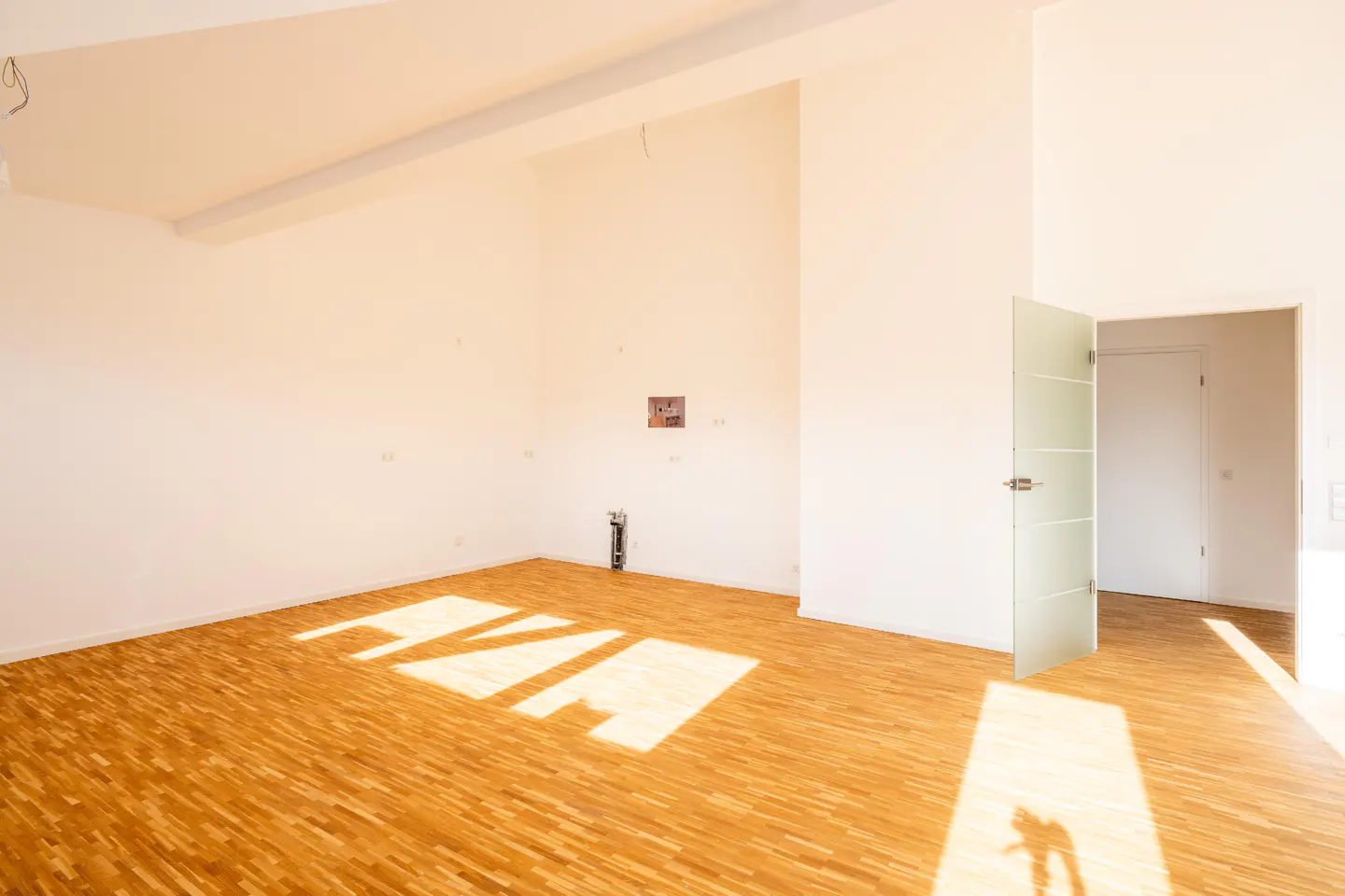 Bright, empty room with wood floors and white walls. Sunlight streams in, casting shadows. A frosted glass door is ajar.