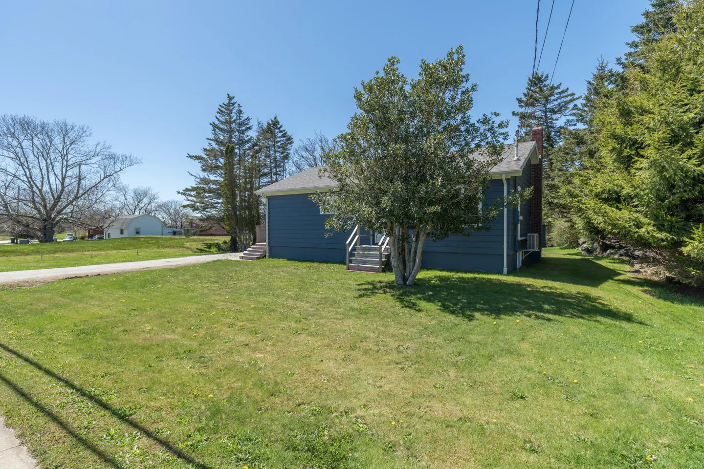 Exterior view of a blue house with a green lawn and trees under a clear blue sky.