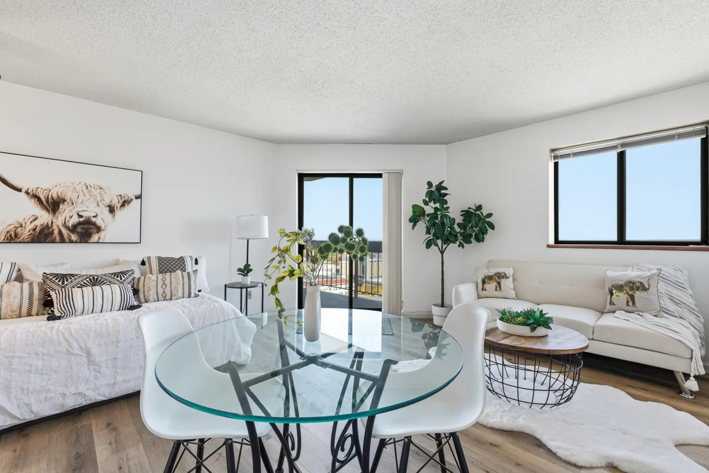 Bright living room with white walls, a glass table, and a daybed with a Highland cow print above it.