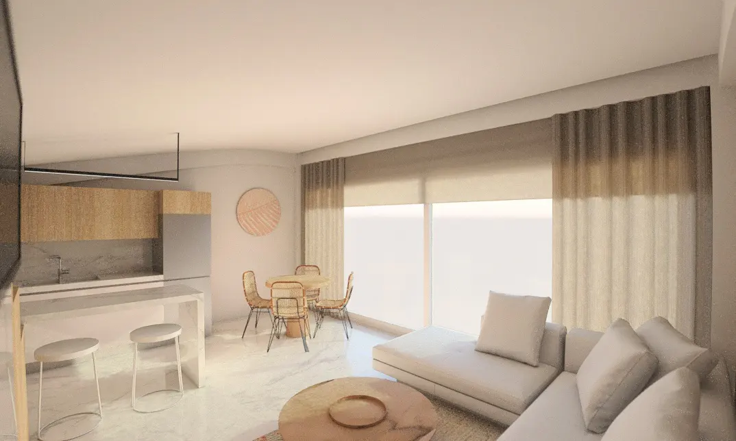 Modern open-plan living area with a white sofa, marble floors, kitchen island with stools, and a small dining set.