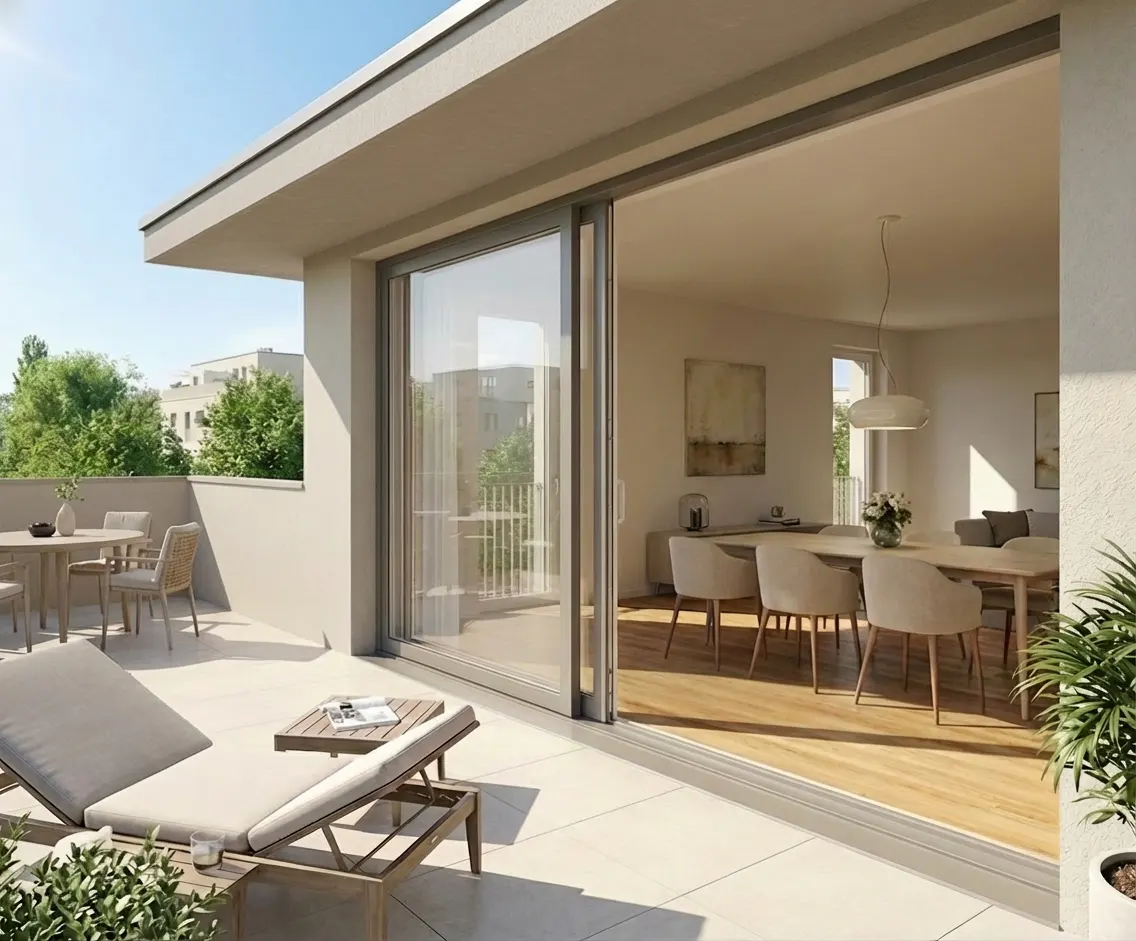 Open sliding glass doors lead from a patio with lounge chair and dining set to a dining room with table and chairs.