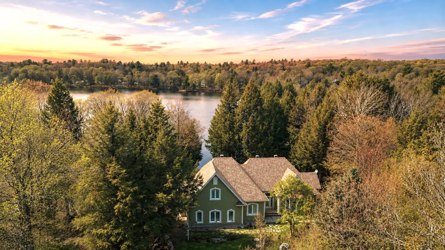 Olive green house with a brown roof surrounded by trees, with a lake and sunset in the background.