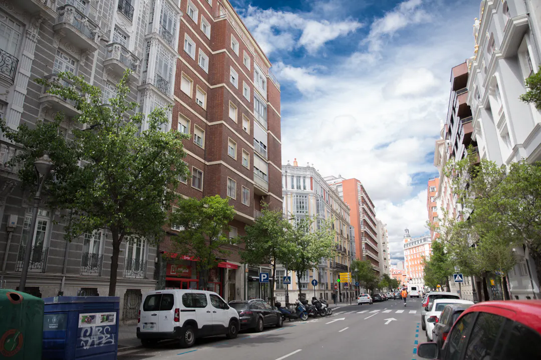 Street view of Madrid, Spain, with parked cars, trees, and buildings under a cloudy sky.