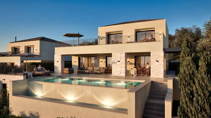Modern two-story villa with a lit infinity pool, outdoor lounge, dining area, and people relaxing on a sunny day.