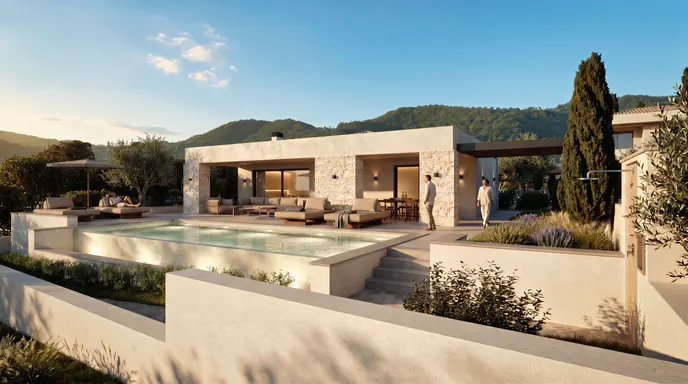 Modern stone villa with a pool, outdoor lounge area, and people walking on a sunny terrace against a mountain backdrop.