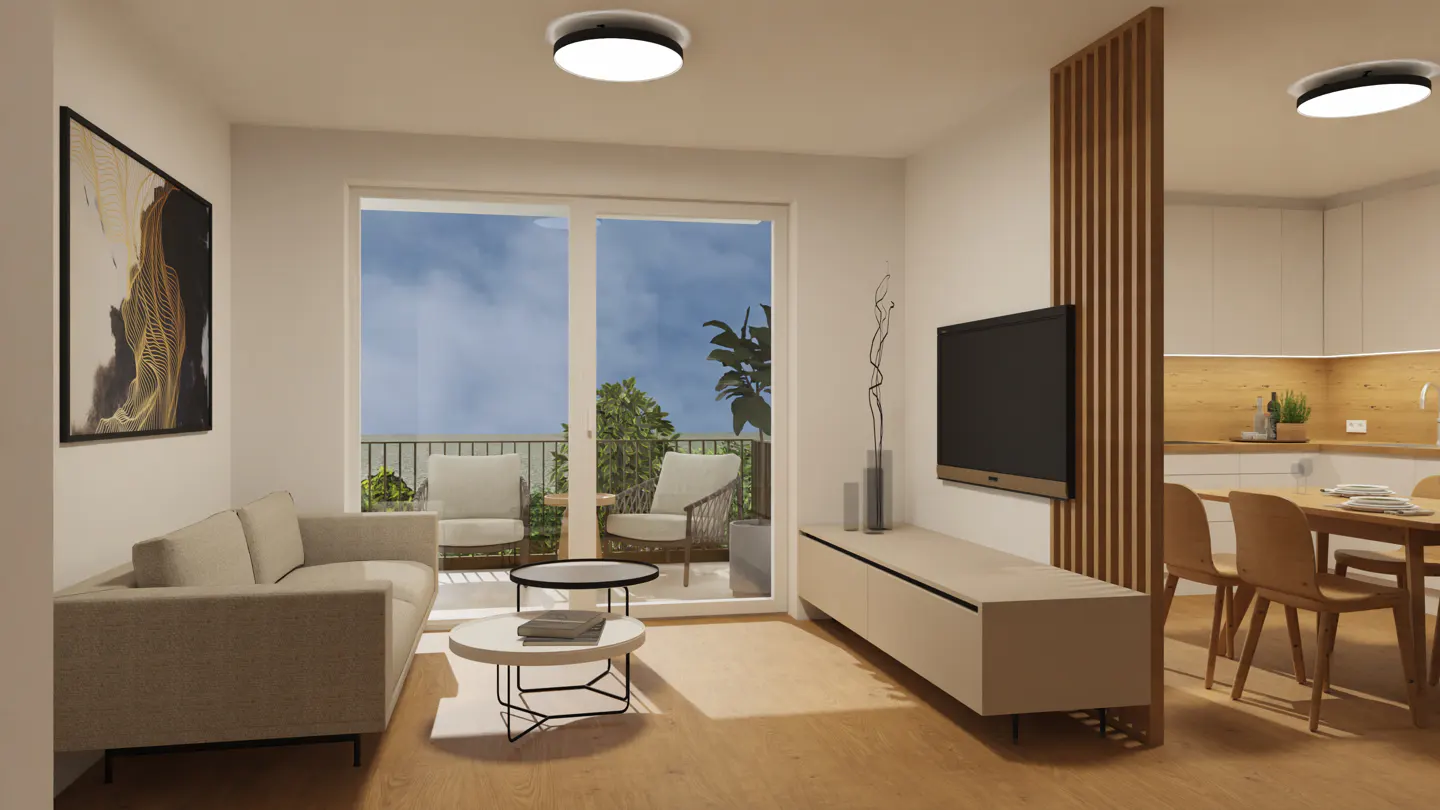 Bright living room with a beige sofa, a TV, and a balcony with chairs. A wood slat partition separates the living room from the kitchen.