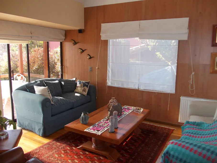 Living room with wood paneled walls, blue sofa, and a wooden coffee table on a red rug. White blinds cover the windows.