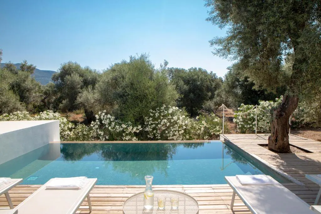 Outdoor pool with lounge chairs, a table with a water pitcher and glasses, and trees in the background.