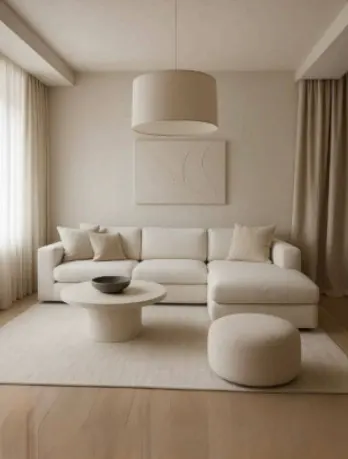Beige living room with a sectional sofa, round coffee table with a bowl, ottoman, and a drum pendant light. Neutral color palette.