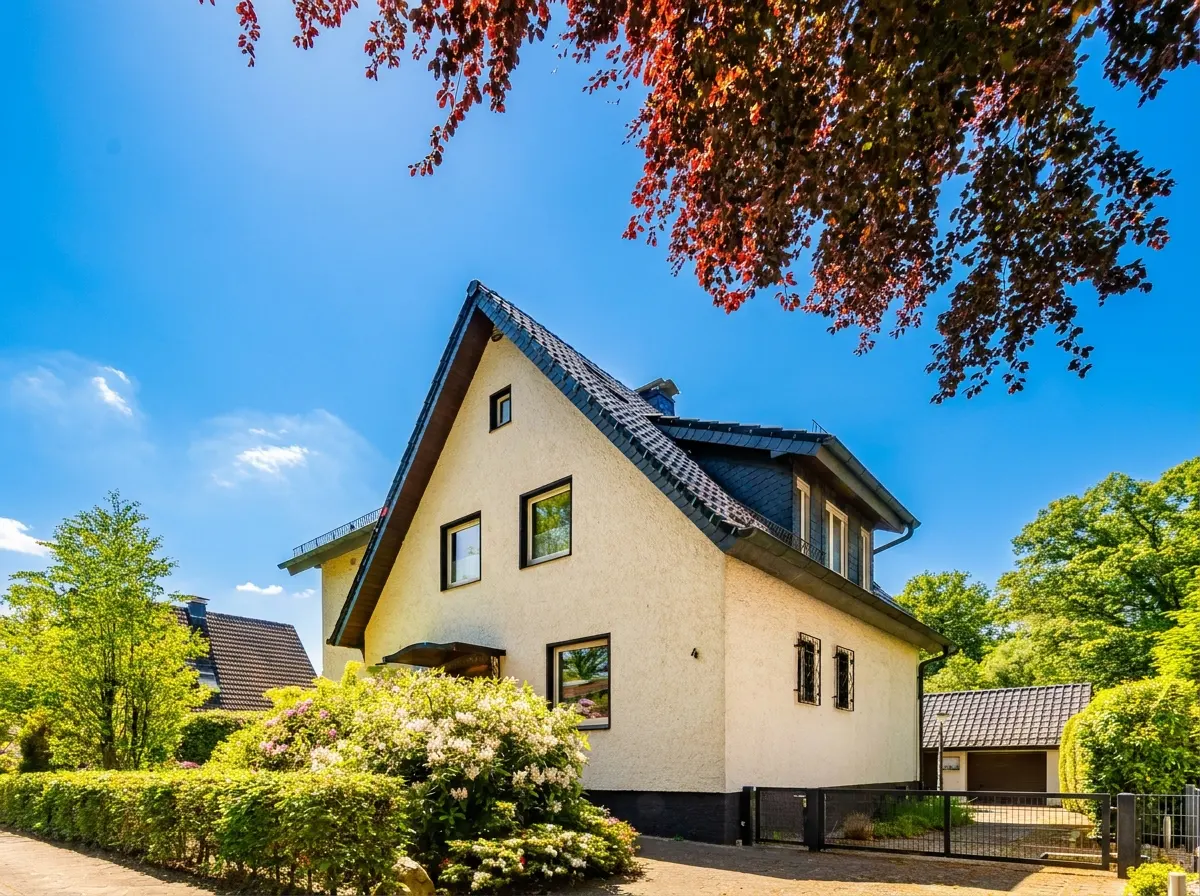 A cream-colored house with a dark gabled roof, surrounded by lush green trees and bushes under a bright blue sky.