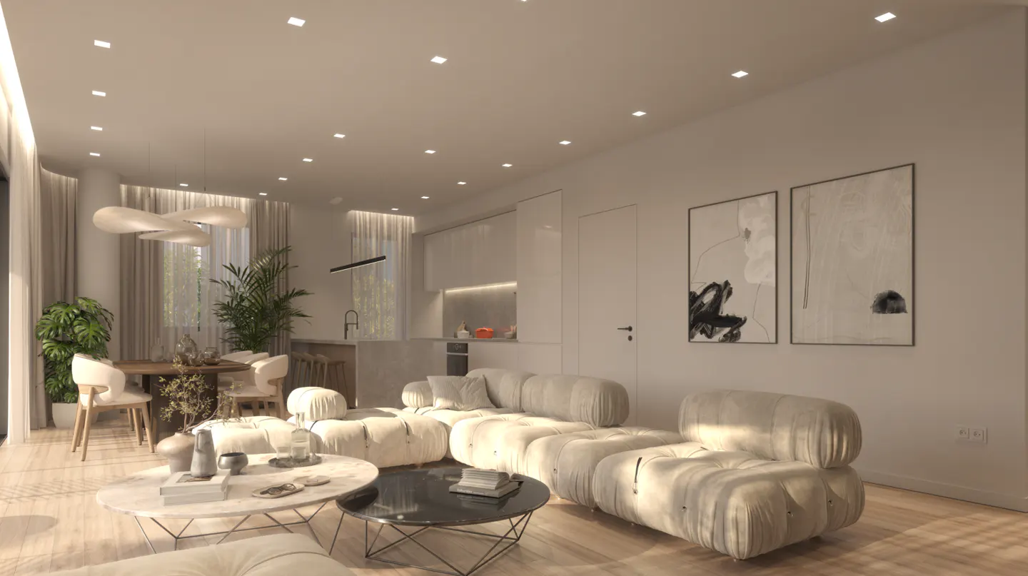 Modern open-plan living room with a beige modular sofa, two coffee tables, dining area, and minimalist kitchen in the back.