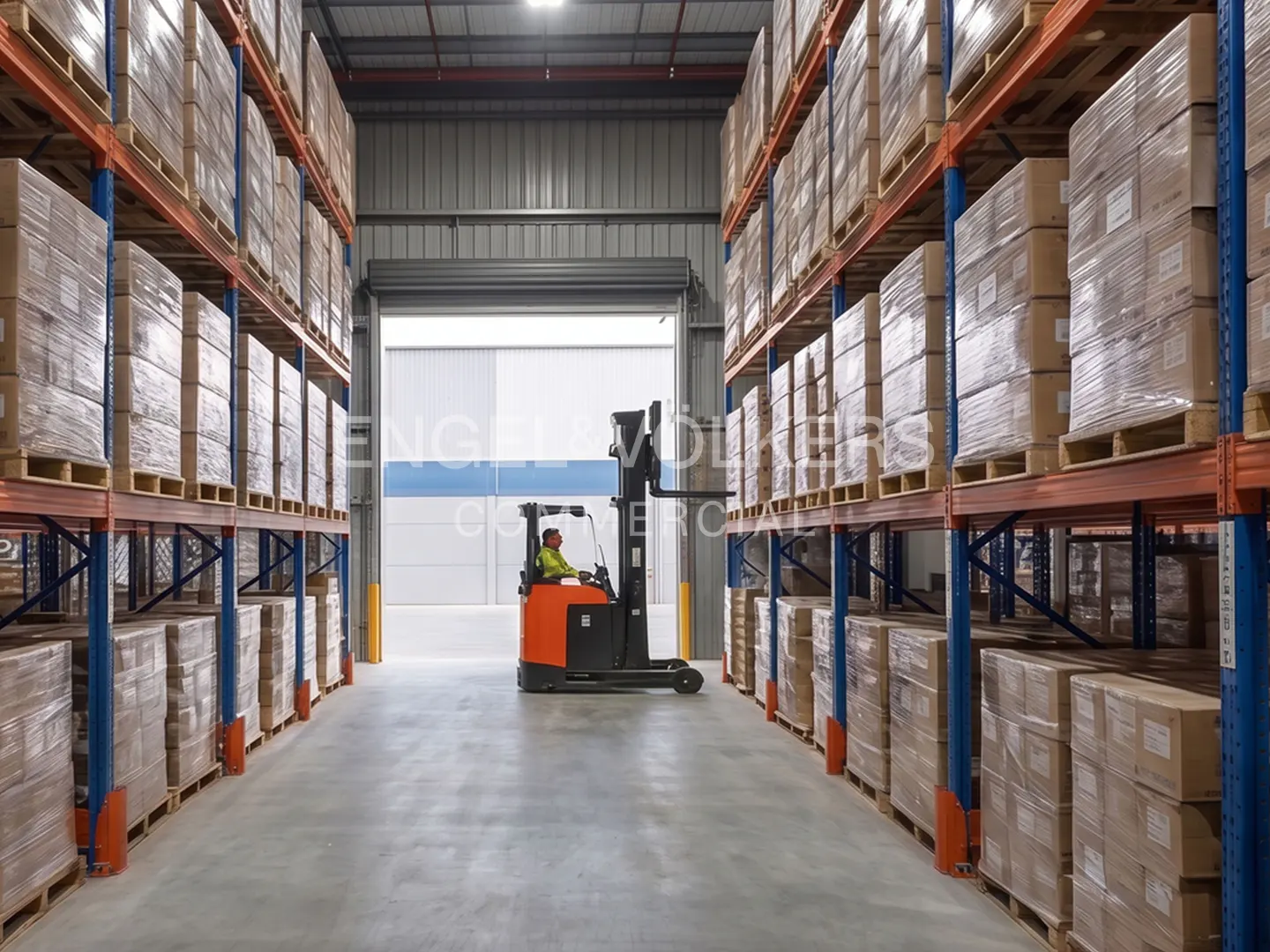 A warehouse interior with tall shelves filled with boxes, and a forklift in the center aisle.