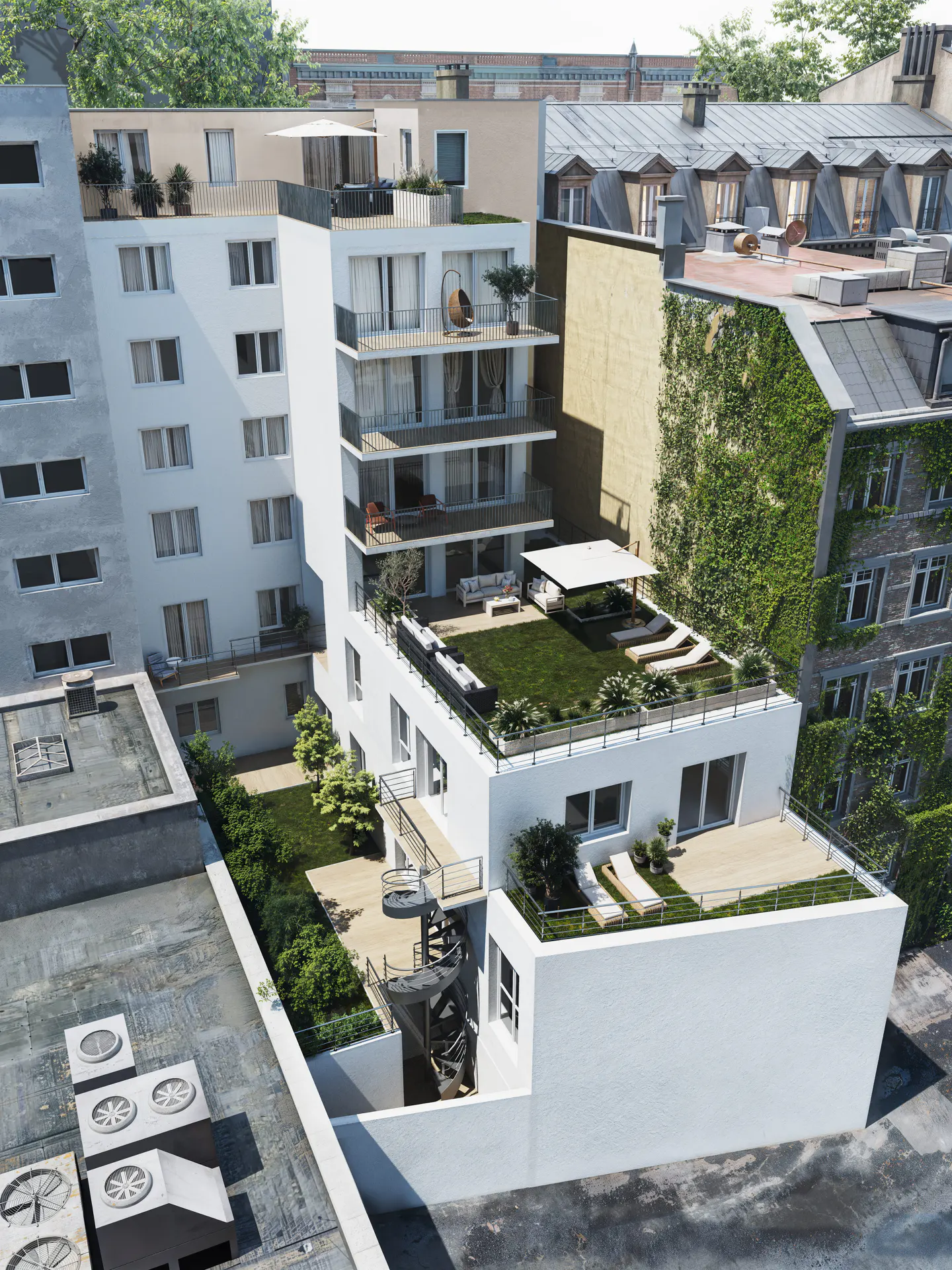 Aerial view of a modern white apartment building with rooftop gardens and balconies in an urban setting.