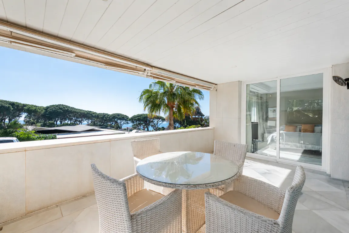 Covered balcony with a glass-top table, four wicker chairs, and a scenic view of palm trees and the distant ocean.