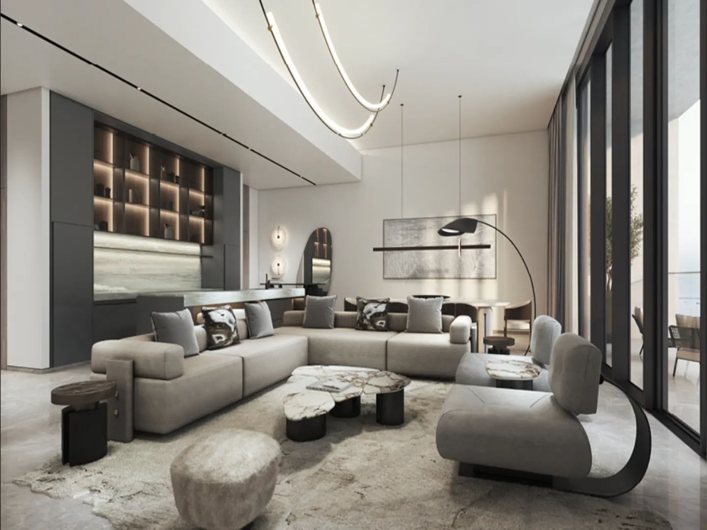 A modern living room with a beige sectional sofa, marble coffee table, and floor-to-ceiling windows.