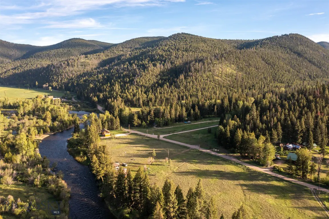 Aerial view of a river flowing through a green valley with mountains and trees in the background.
