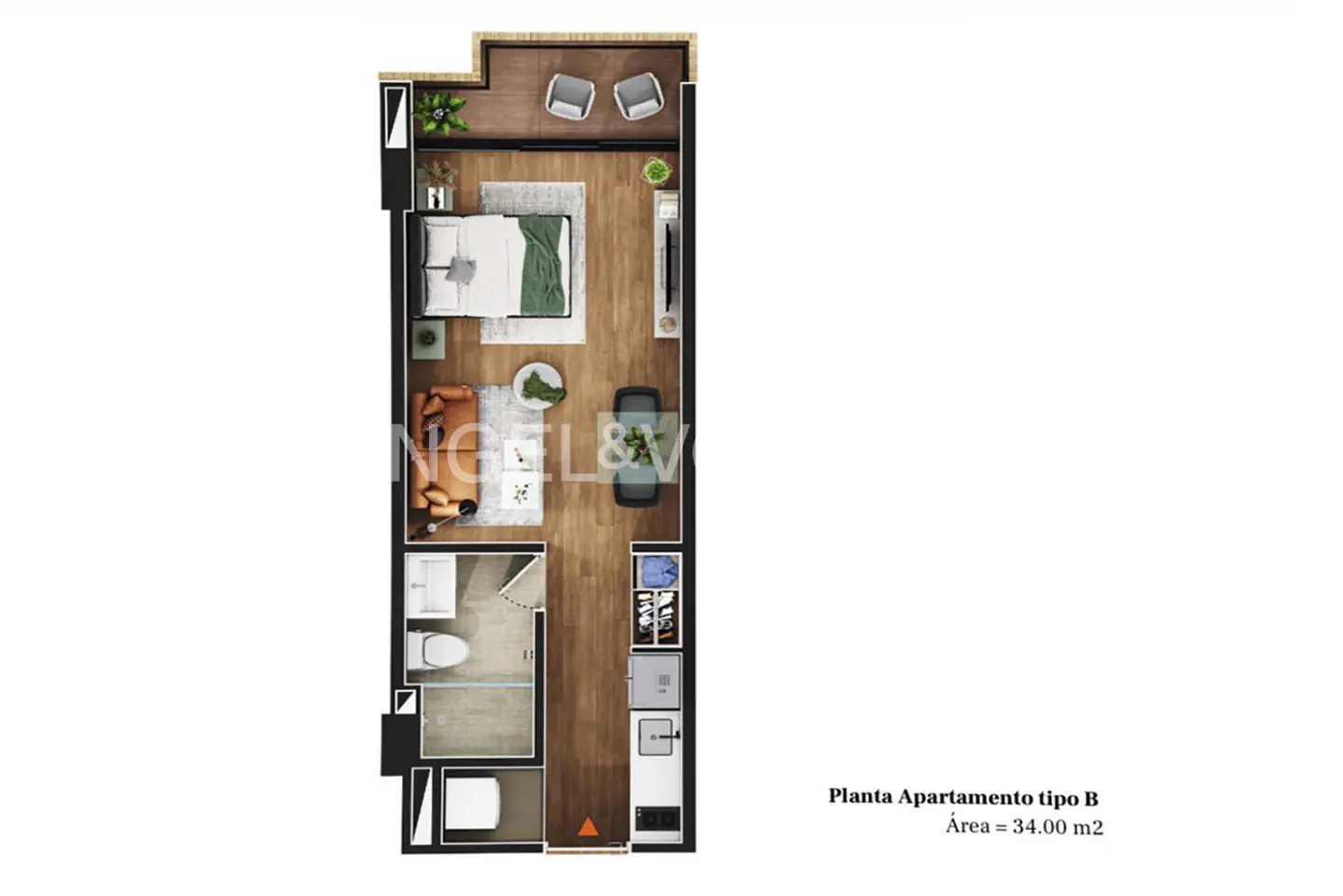 Floor plan of a narrow apartment with a balcony, bedroom, living room, bathroom, and kitchen. The apartment has wood floors and white walls.