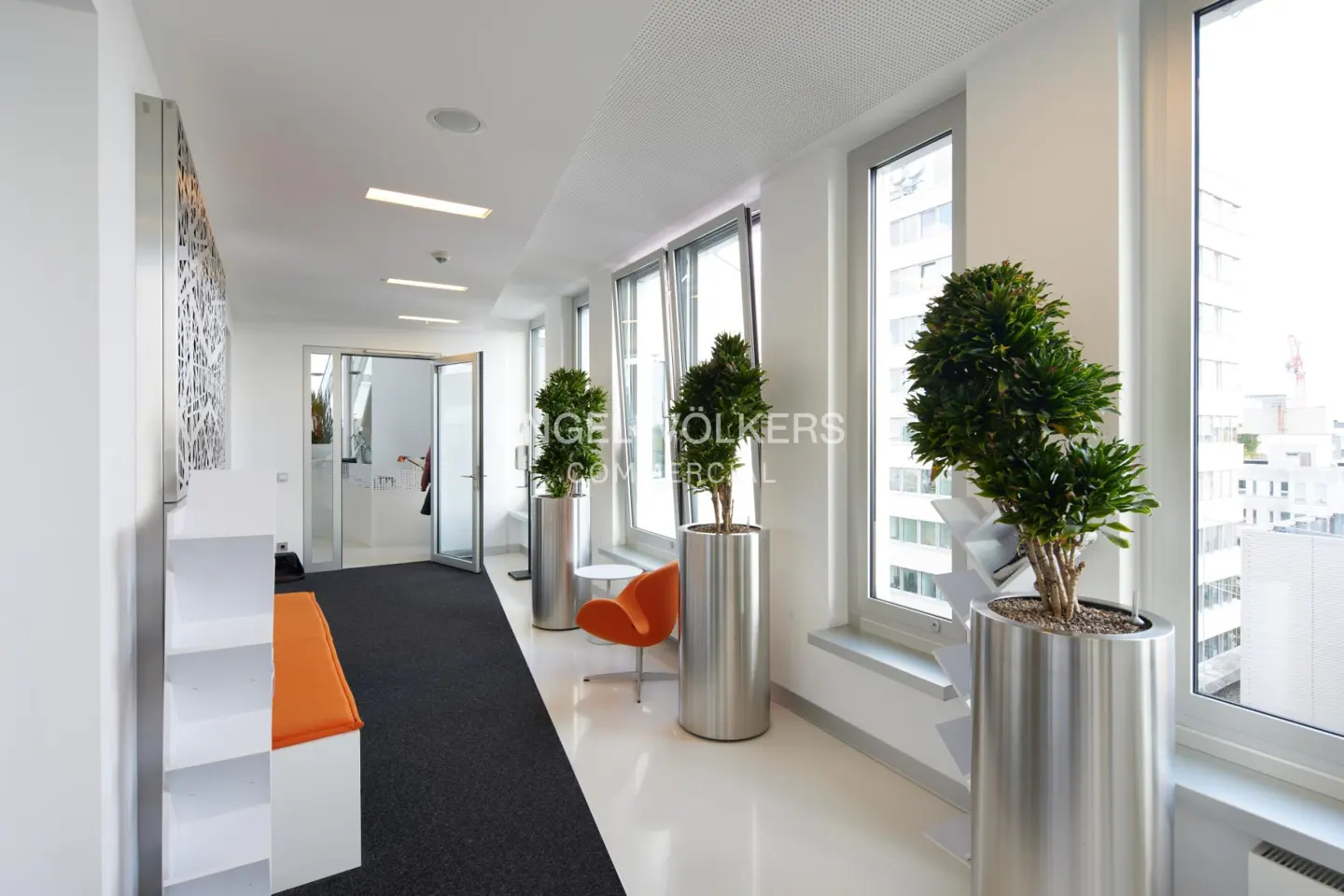 Modern office hallway with black carpet, white walls, large windows, potted plants in silver planters, and orange seating.
